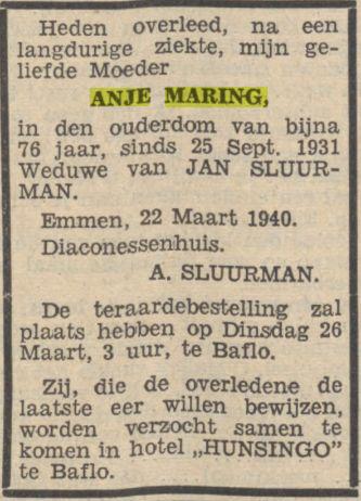 overlijdensadvertentie anje maring on 22 Mar 1940.